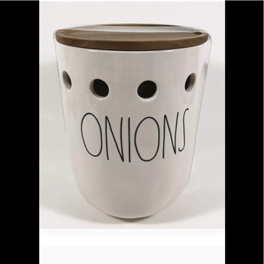 Rae Dunn ONIONS ceramic cellar wood lid
